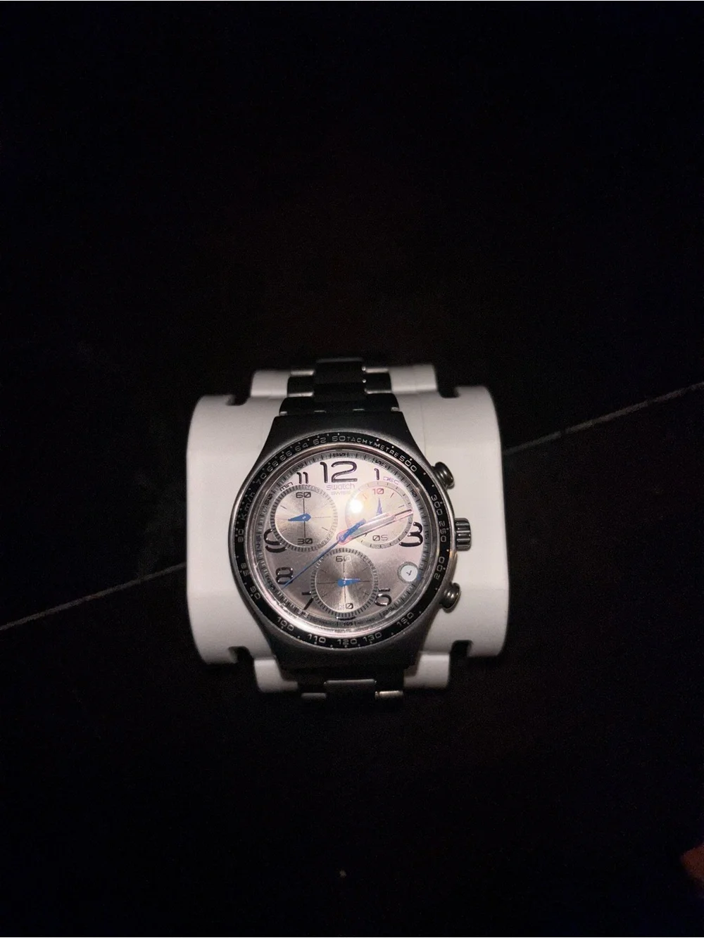 Swatch Silver Stainless Steel Chronograph Watch with Blue Accents